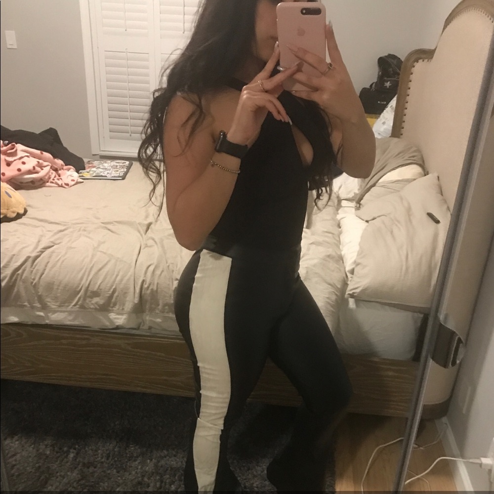 Faux leather flare black n white pants cute cheap
